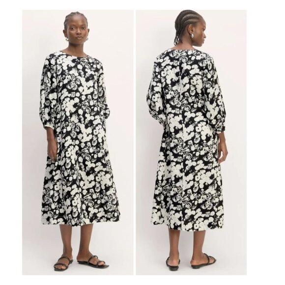 Everlane The Linen A-Line Midi Dress Black & White Floral Size M - Picture 1 of 9